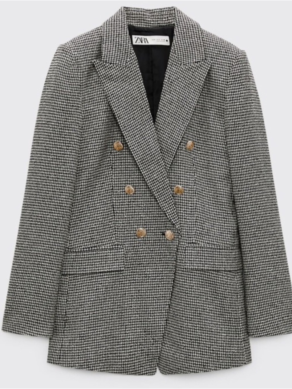 Zara Black and White Houndstooth Double-Breasted Blazer with Gold Buttons